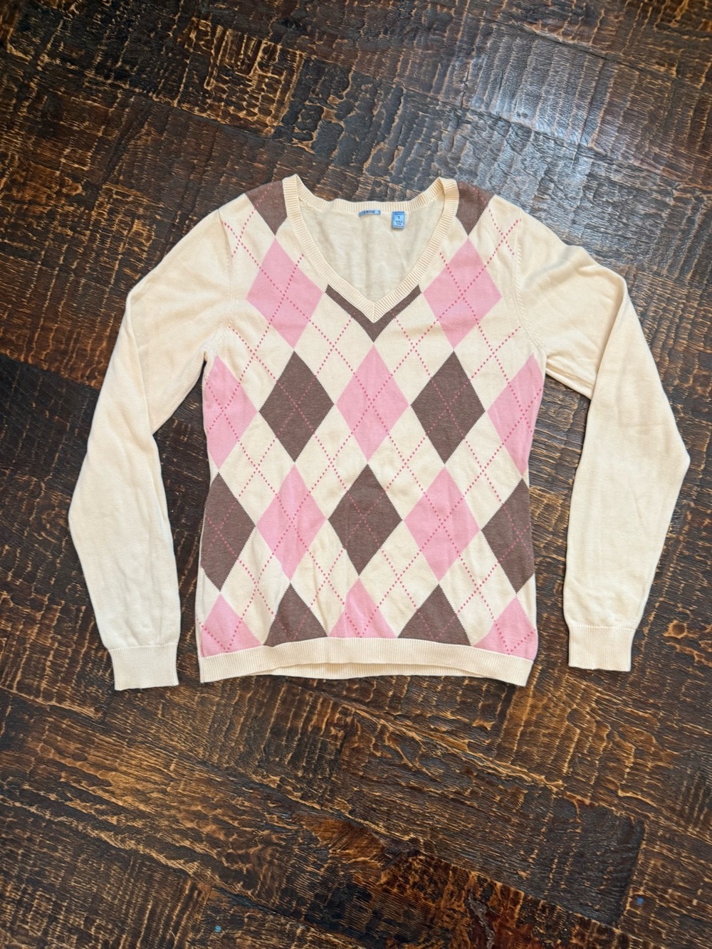 Izod Preppy Y2K Academia Golf Tennis Argyle Cream Pink Brown V Neck Sweater